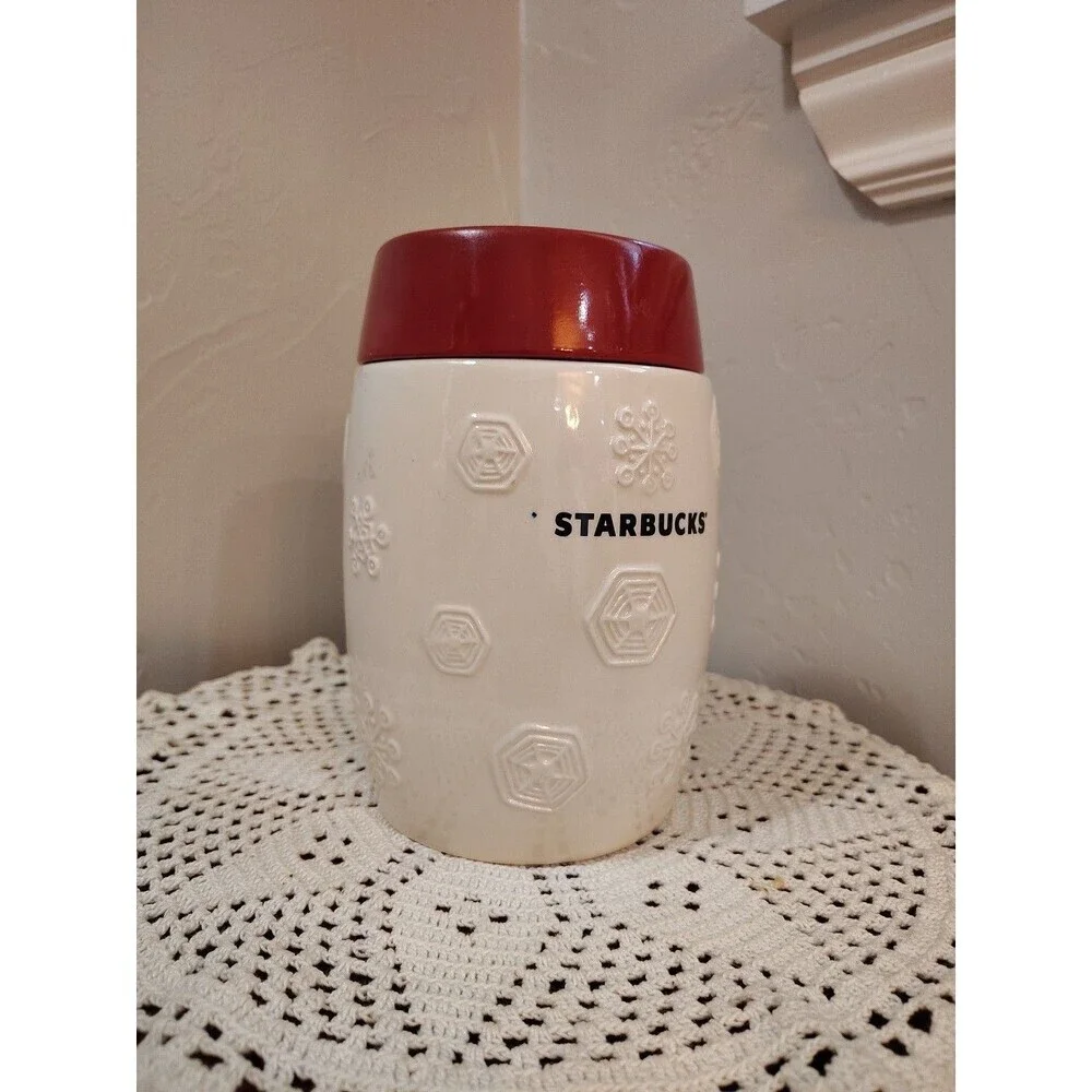 2011 Starbucks Red white Holiday Snowflake Ceramic Coffee Canister 7